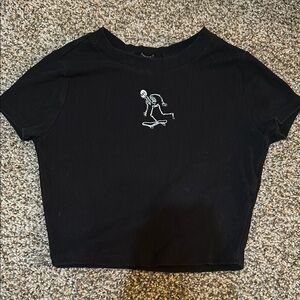 Black Cropped T-Shirt with Skeleton Design